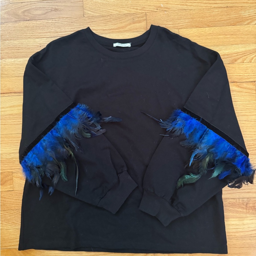 Zara Black Top with Blue Feather Accents